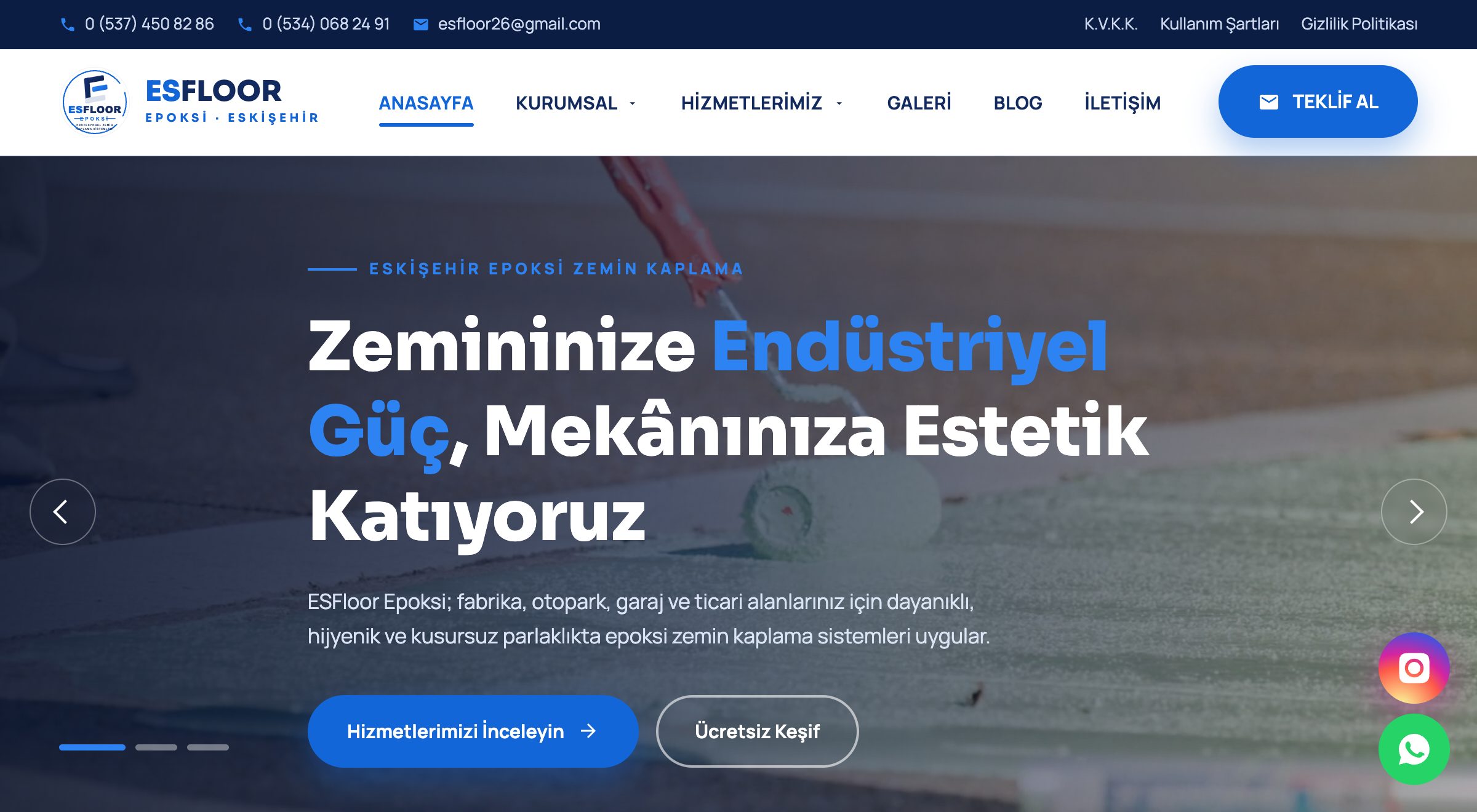 ESFloor Epoksi web sitesi arayüzü